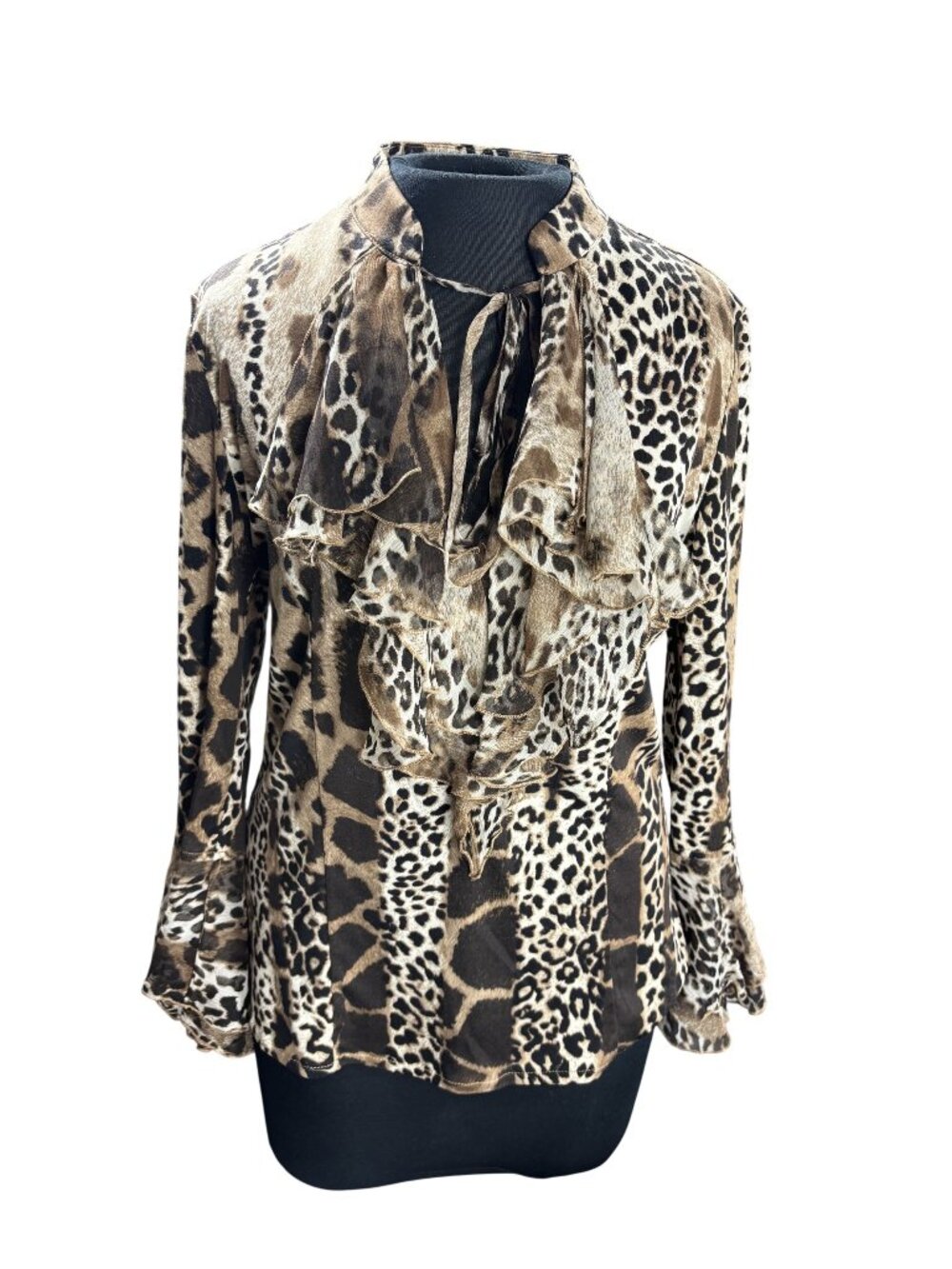 Animal Print Ruffle Blouse With Long Sleeves & Tie Neckline - Womens Size M